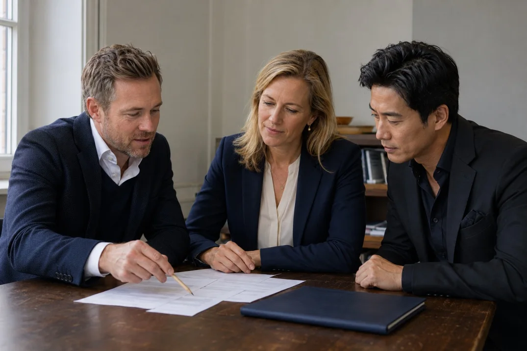 Alexander Whitmore, Saskia van der Meer and William Chan reviewing materials together.